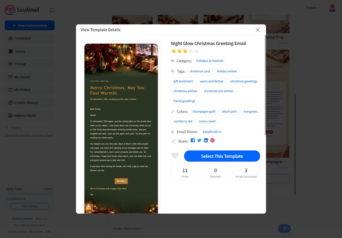 Editorial Christmas Greeting Letter template details in EasyAImail