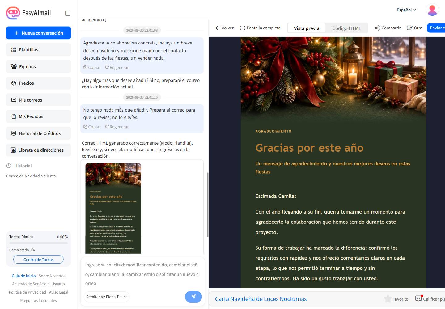 Vista previa de un correo navideño para clientes generado en la interfaz en español de EasyAImail