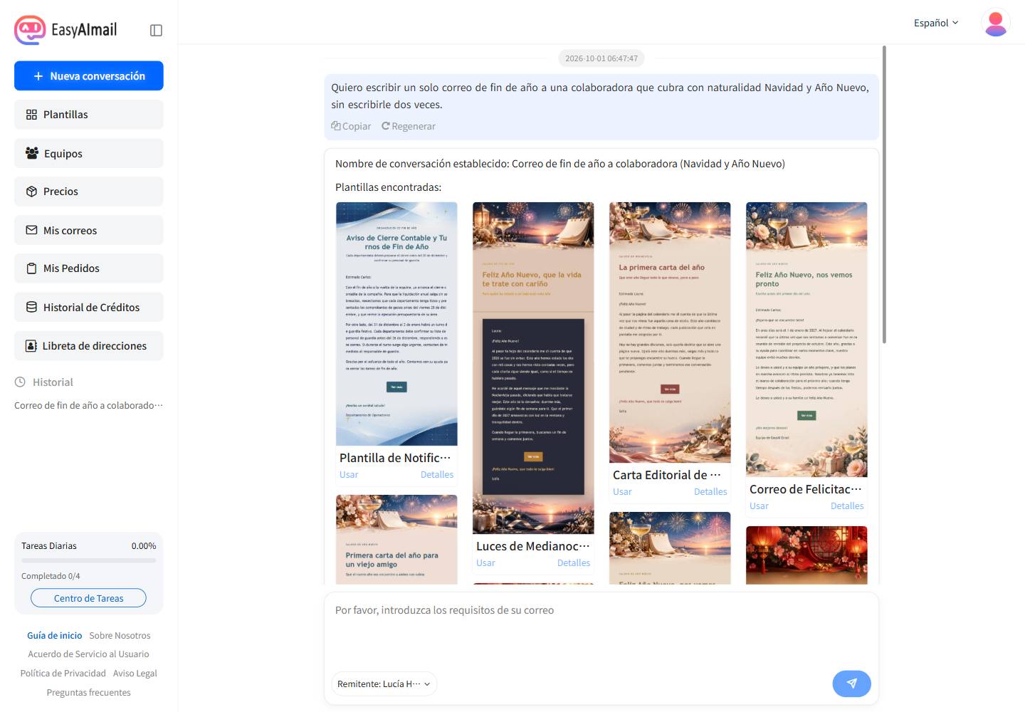 Plantillas de correo de Navidad y fin de año recomendadas en la interfaz en español de EasyAImail