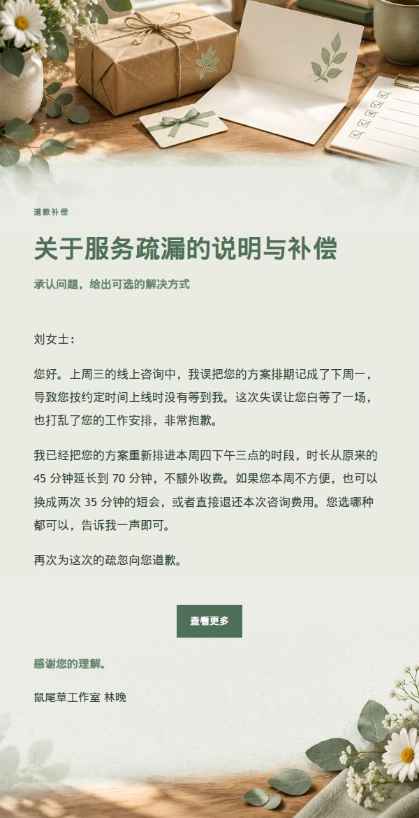 鼠尾草工作室投诉处理道歉信 2