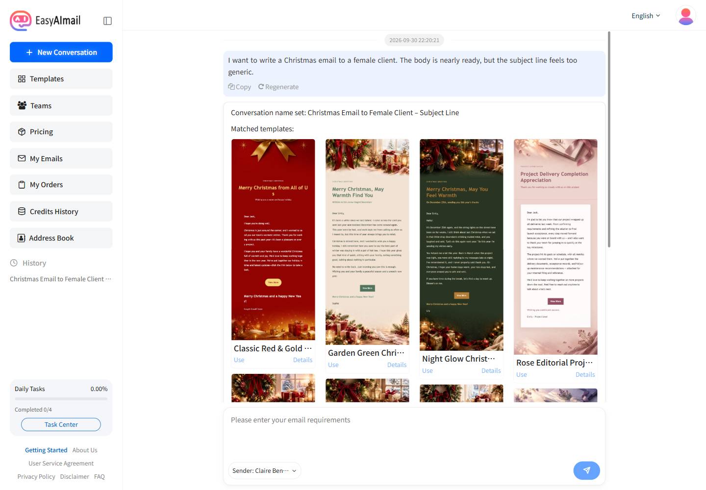 Christmas email template recommendations in EasyAImail's English interface