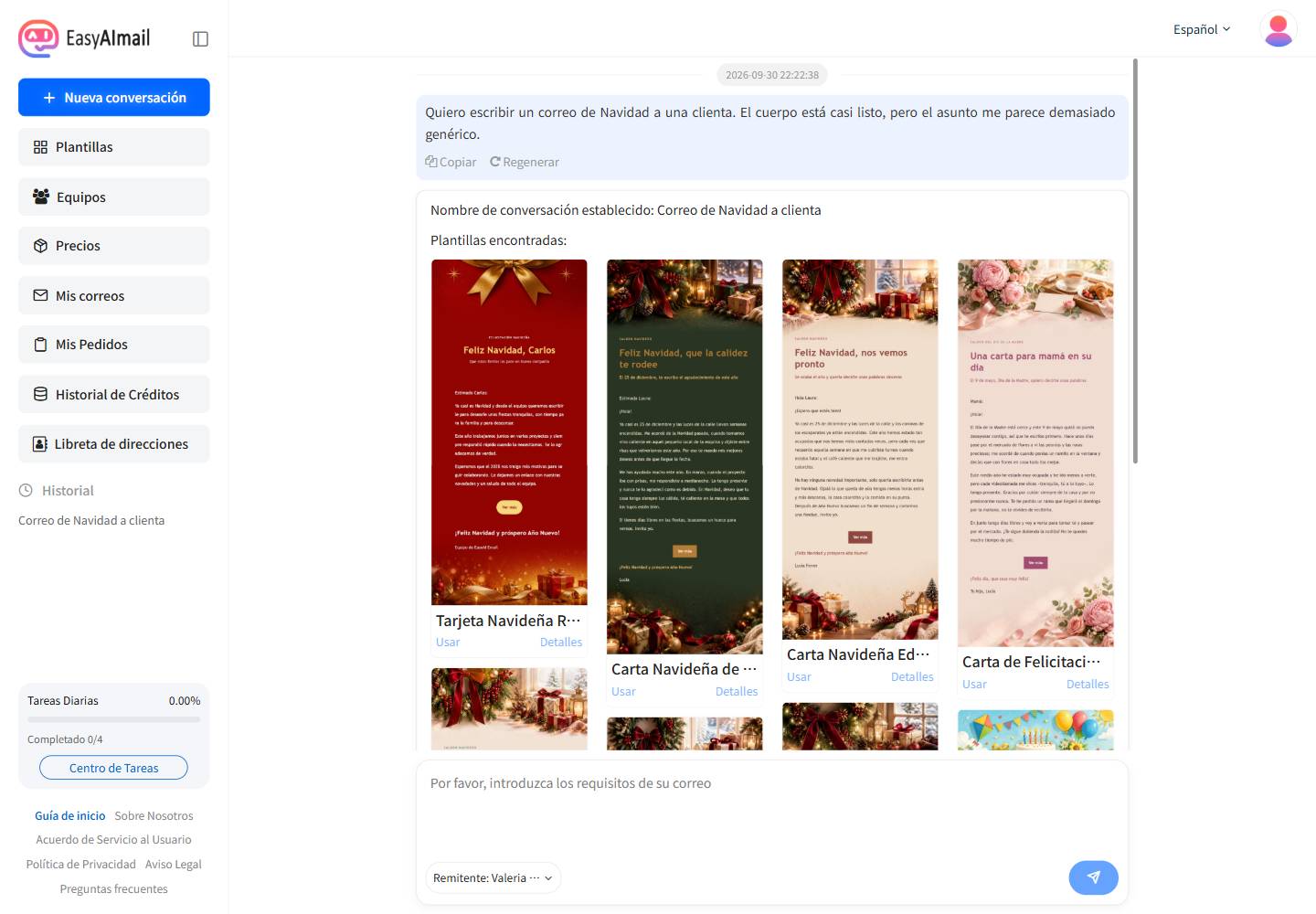 Plantillas de correo navideño recomendadas en la interfaz en español de EasyAImail