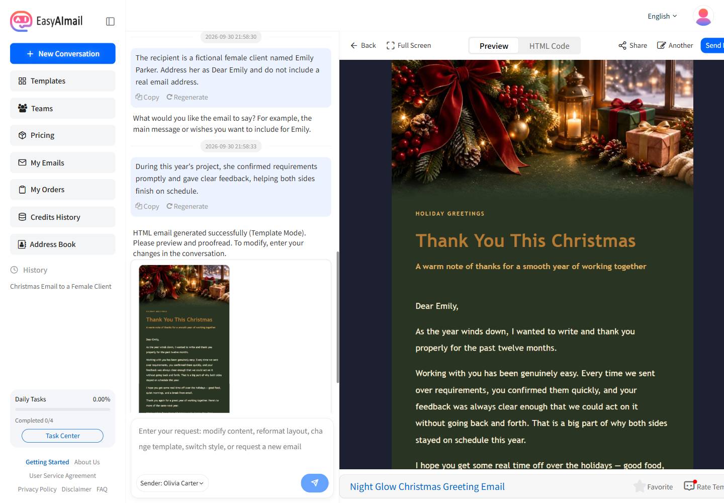 Generated Christmas email to a client preview in EasyAImail's English interface