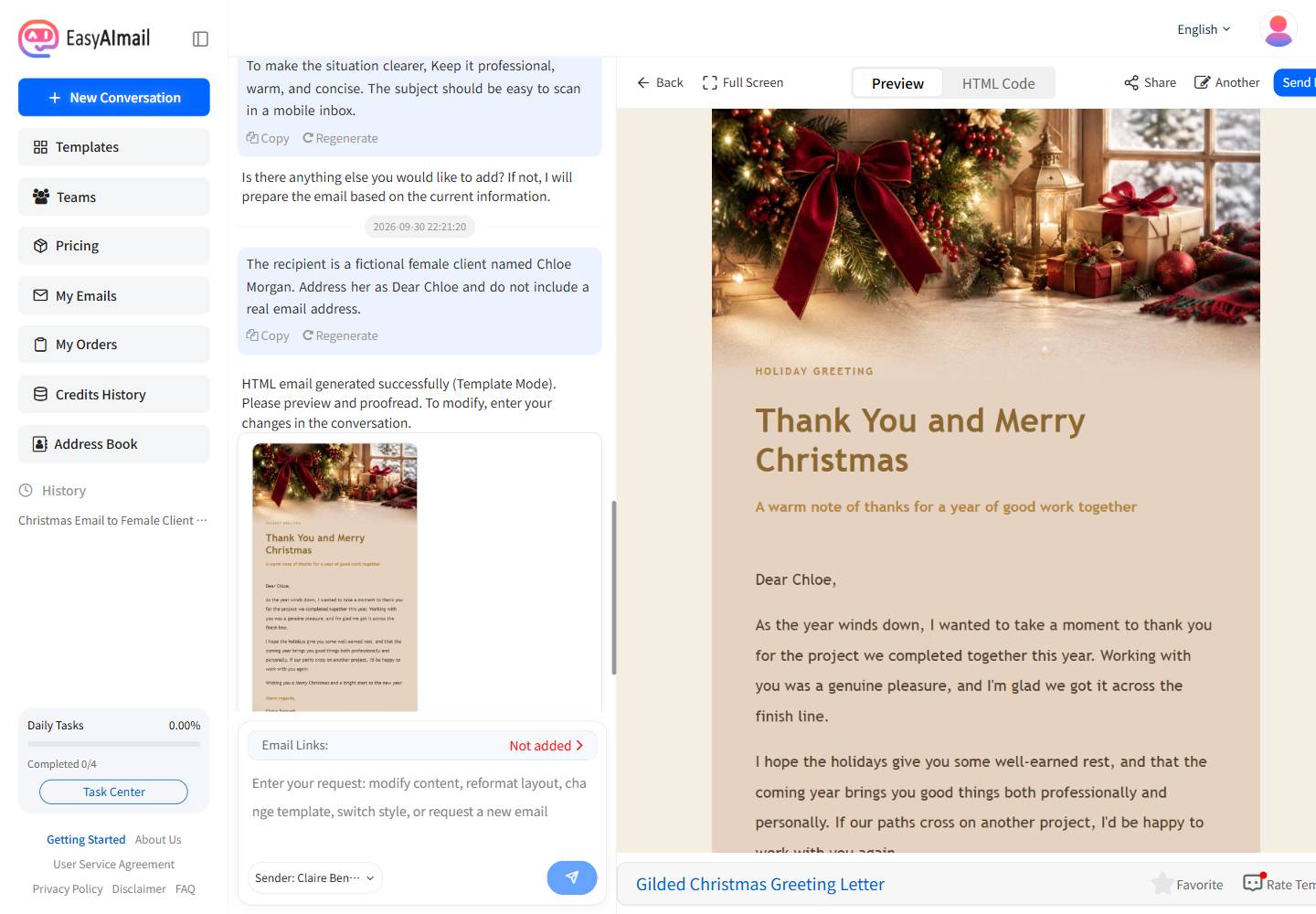 Generated Christmas email preview in EasyAImail's English interface