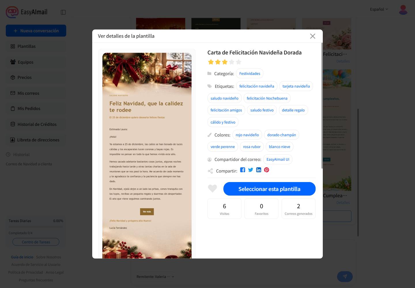 Detalles de la plantilla Carta de Felicitación Navideña Dorada en EasyAImail