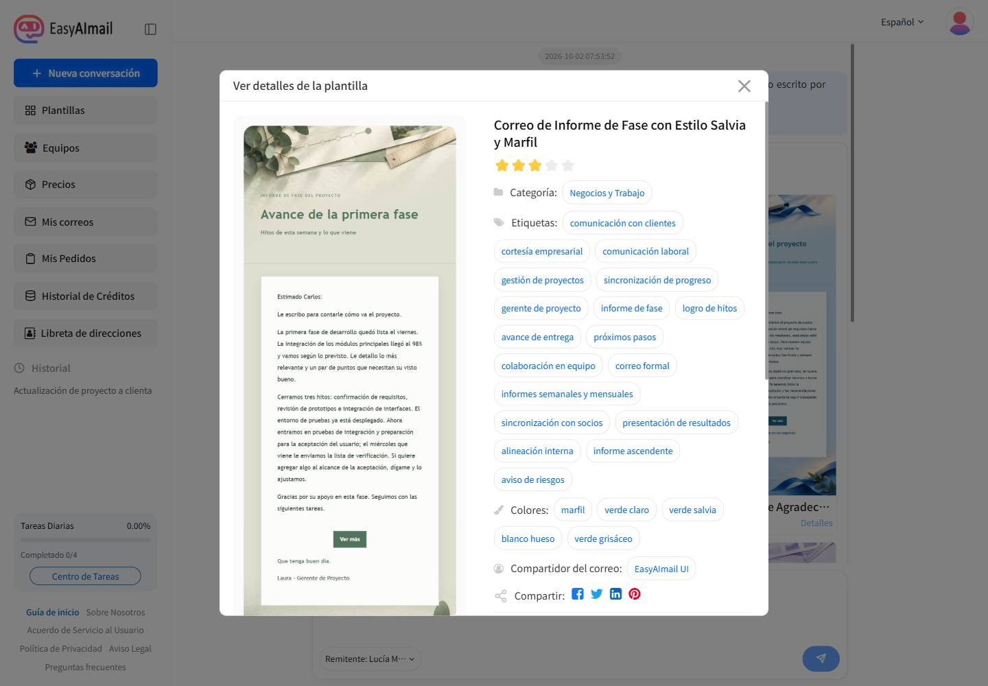 Revisión de los detalles de una plantilla antes de elegirla