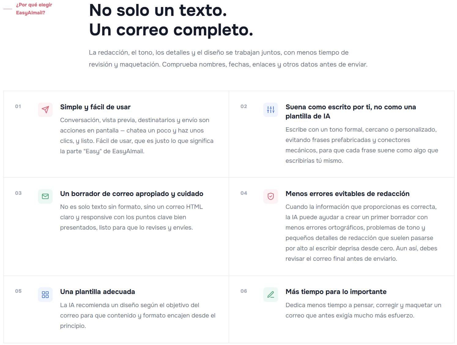La página de EasyAImail muestra una experiencia de correo completa