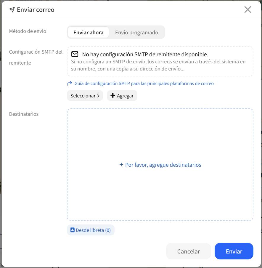 Ventana de envío sin una configuración SMTP personalizada