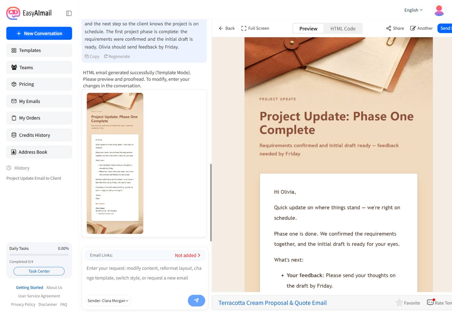 Previewing the generated HTML work email