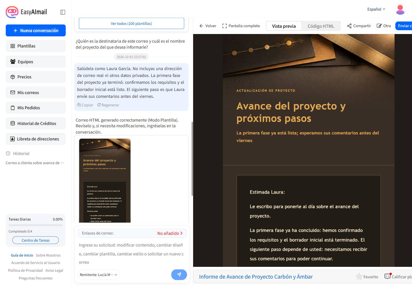 Vista previa de un correo de actualización de proyecto