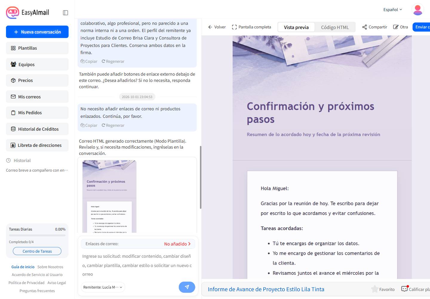 Vista previa del seguimiento de una reunión de equipo