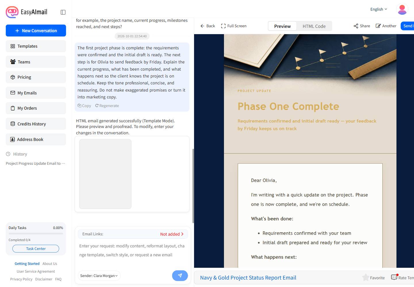 Project progress update email preview
