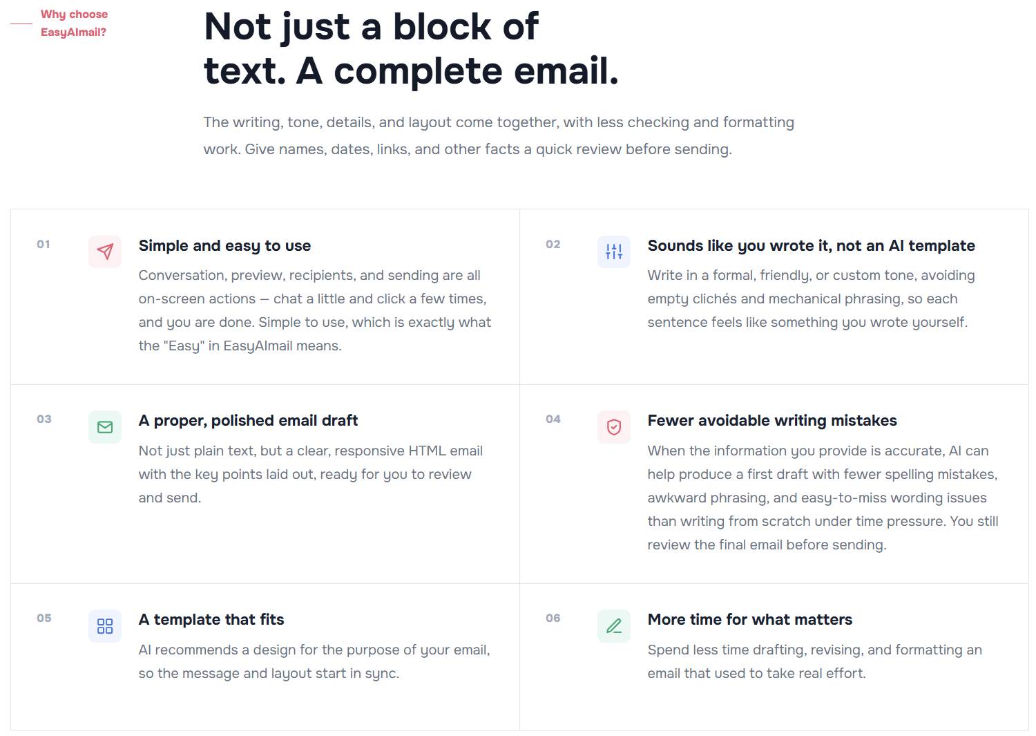 EasyAImail homepage showing a complete email experience