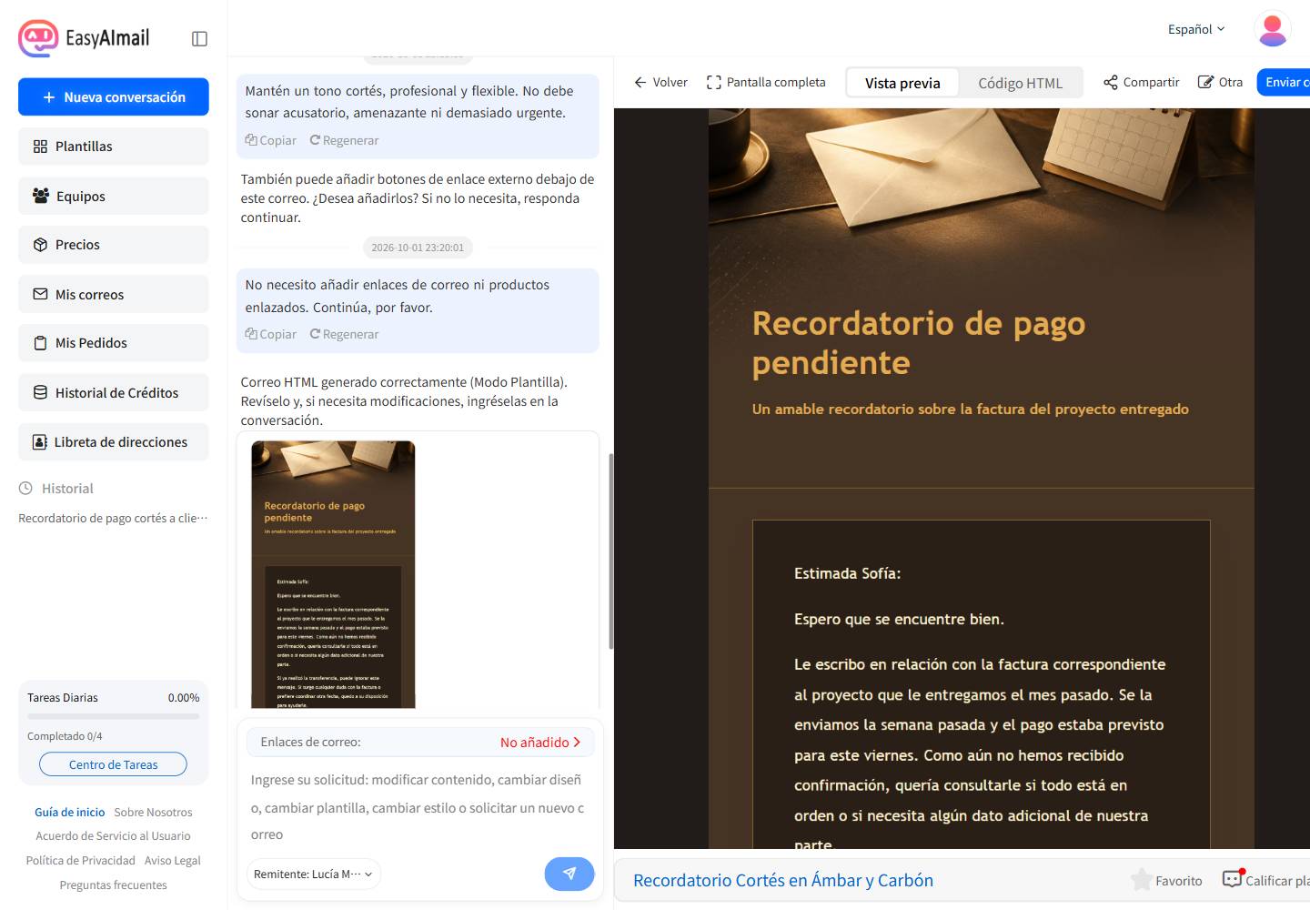 Vista previa de un recordatorio de pago