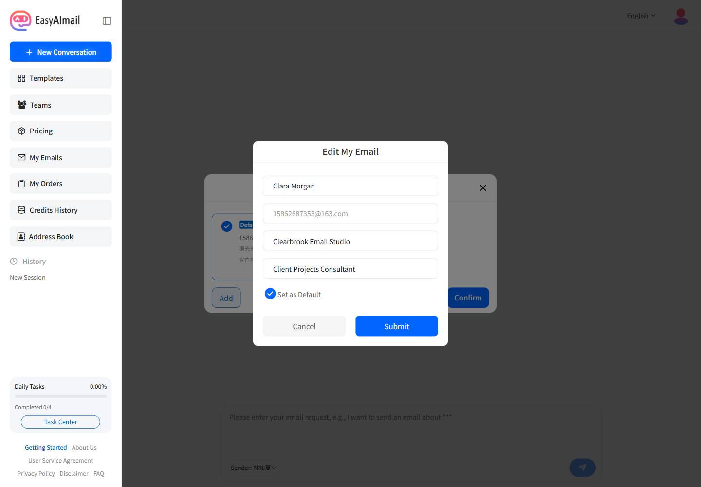 Editing the company name and job title in the sender profile