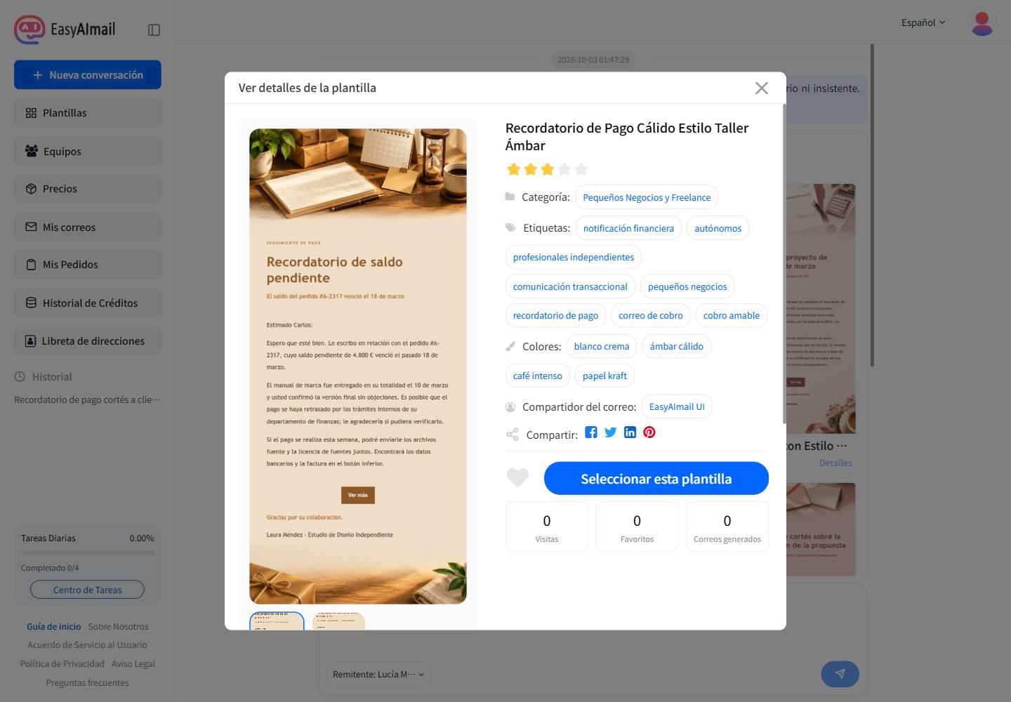 Detalles de la plantilla de recordatorio de pago en la interfaz española de EasyAImail