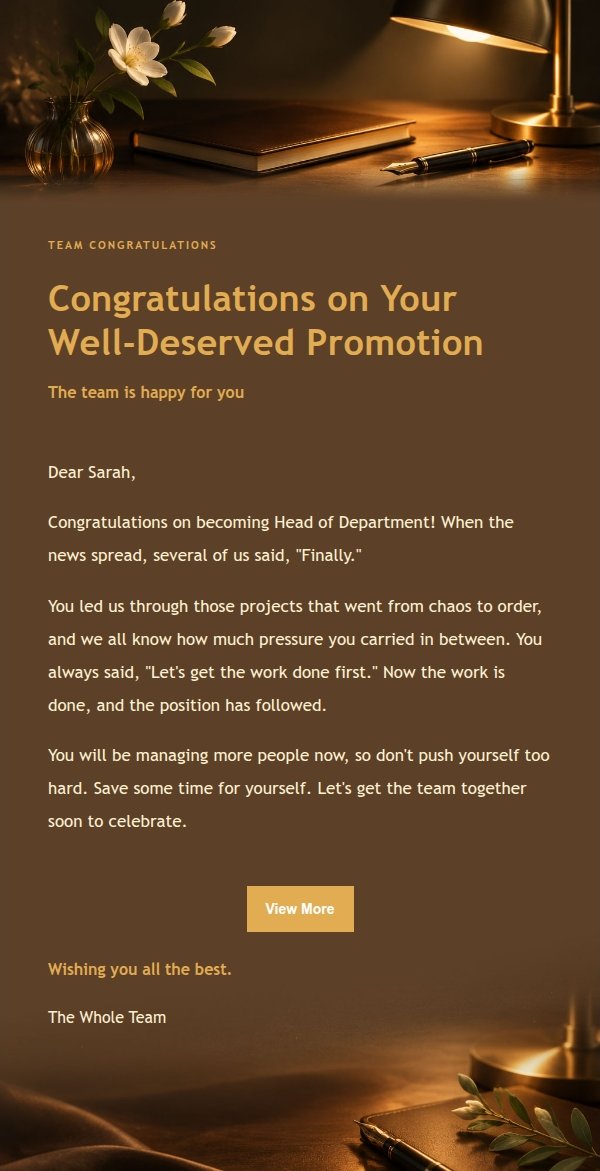 Charcoal Amber Promotion Congratulations Email 2