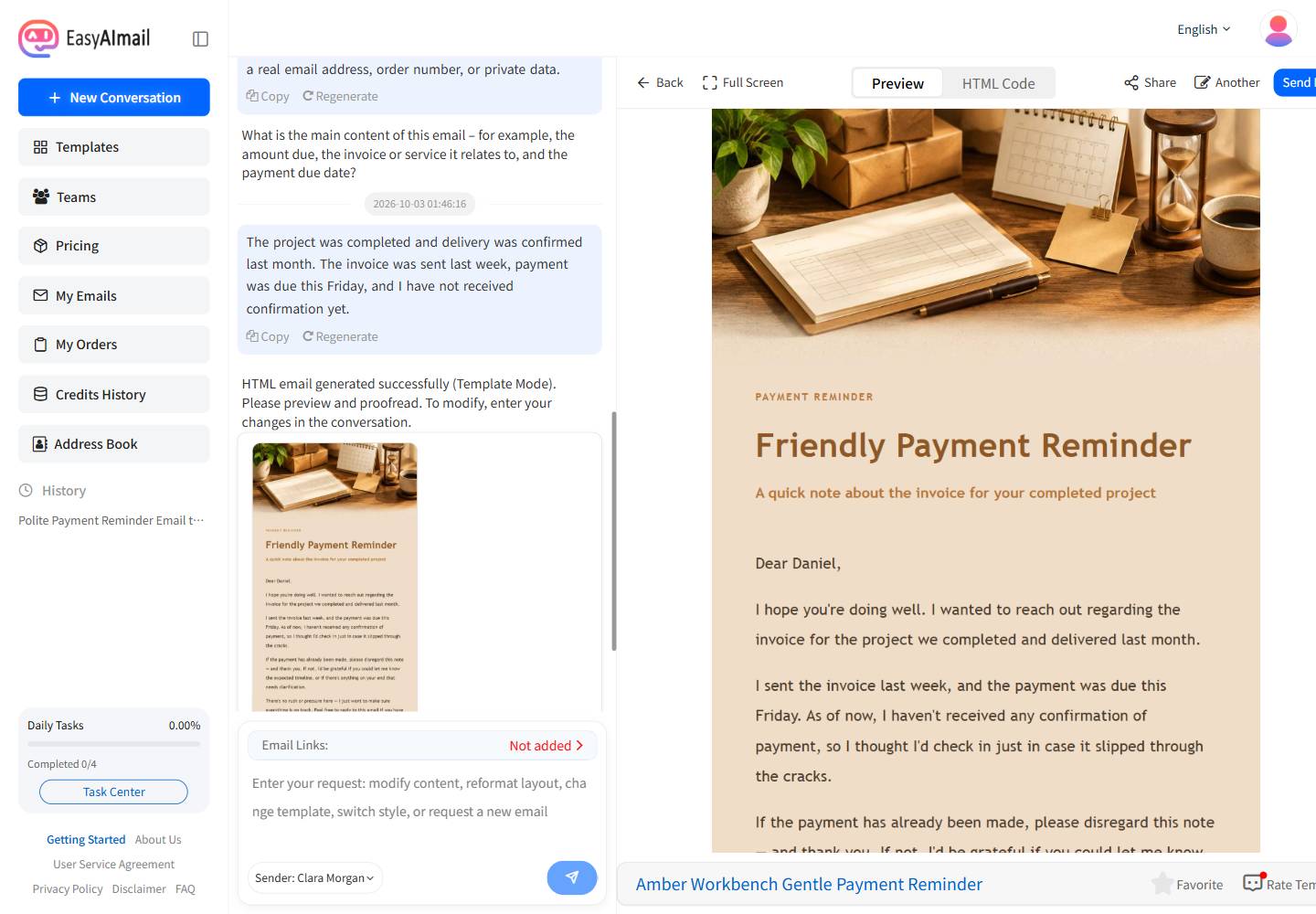 Generated payment reminder email preview in the English EasyAImail interface