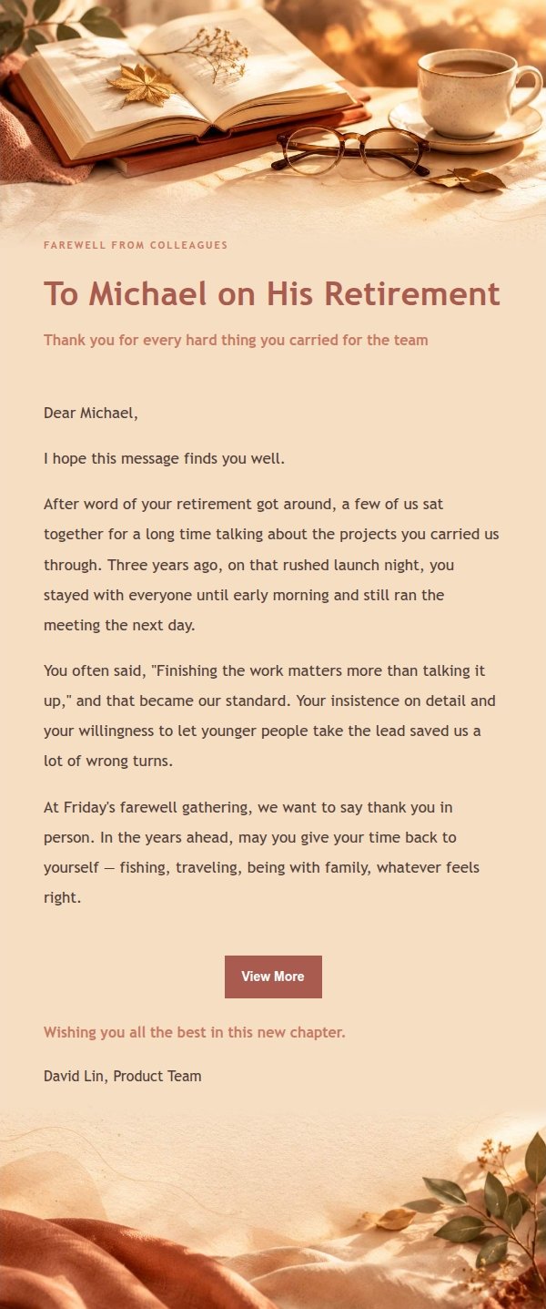Coral Champagne Retirement Tribute Email 2