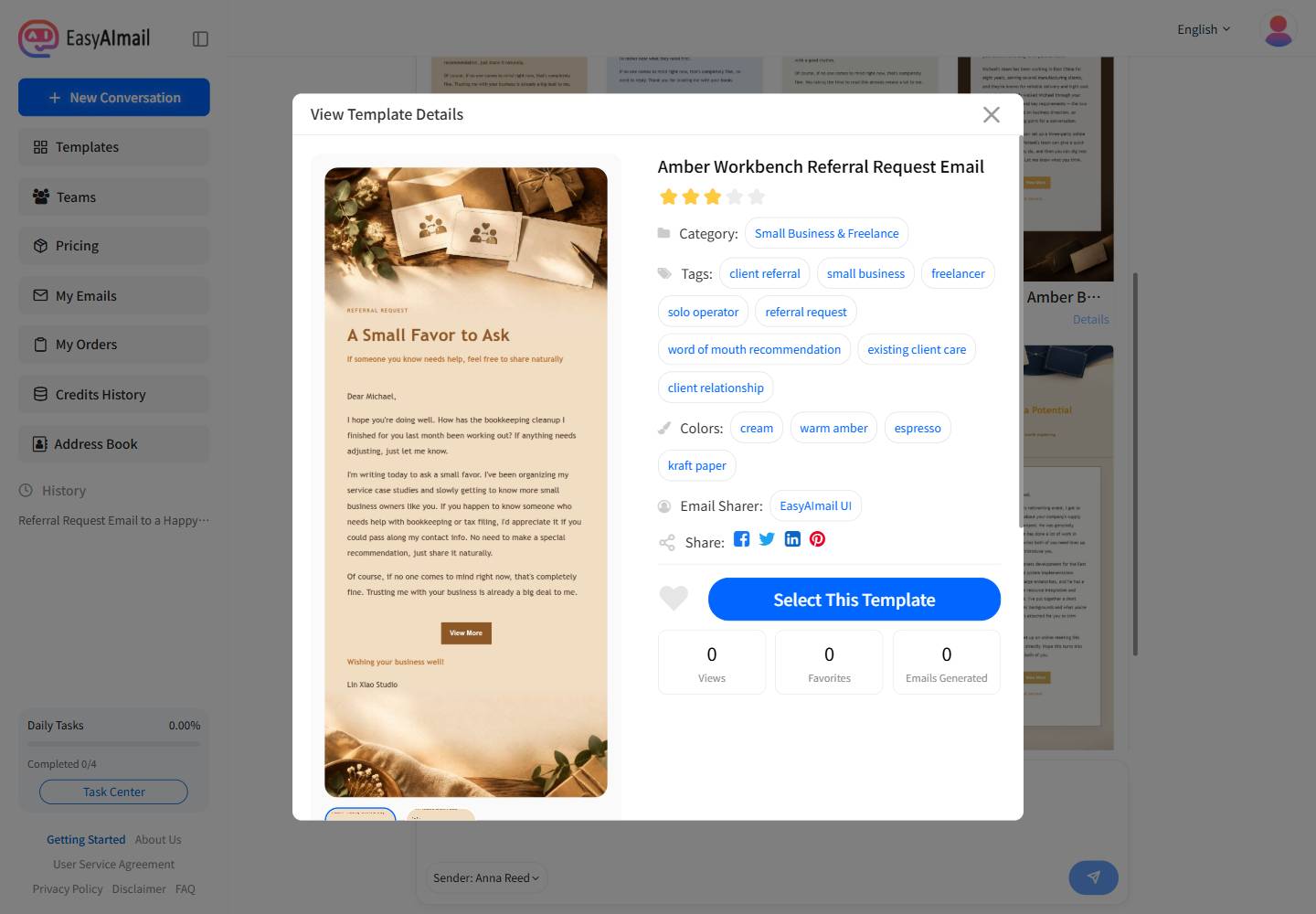 Referral request template details in the English EasyAImail interface