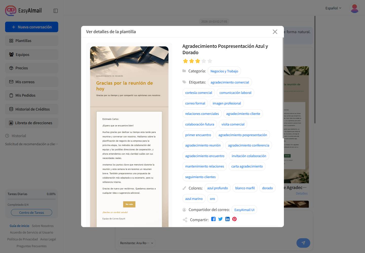 Detalles de la plantilla para pedir recomendaciones en la interfaz española de EasyAImail