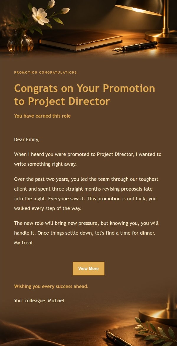 Charcoal Amber Promotion Congratulations Email