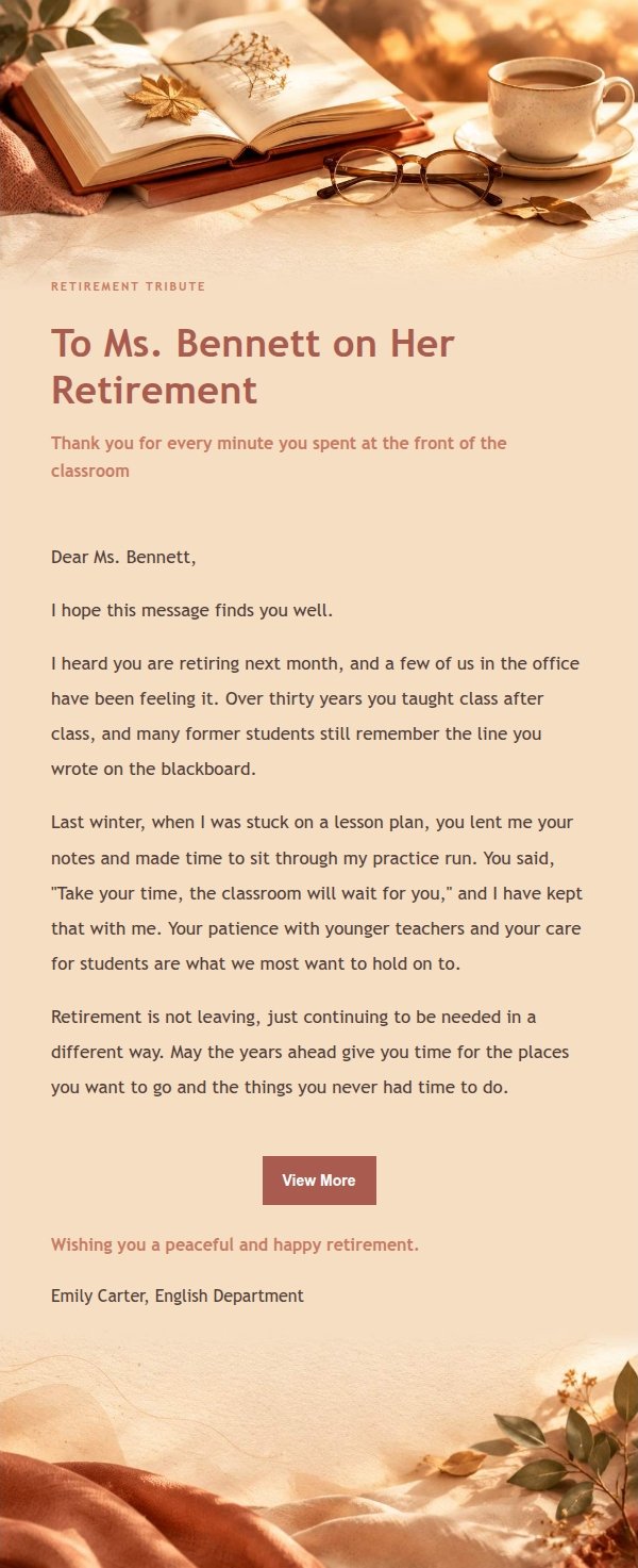 Coral Champagne Retirement Tribute Email