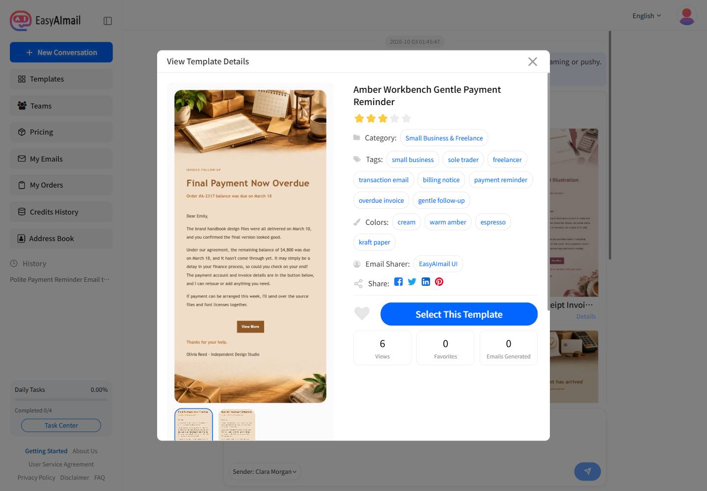 Payment reminder template details in the English EasyAImail interface