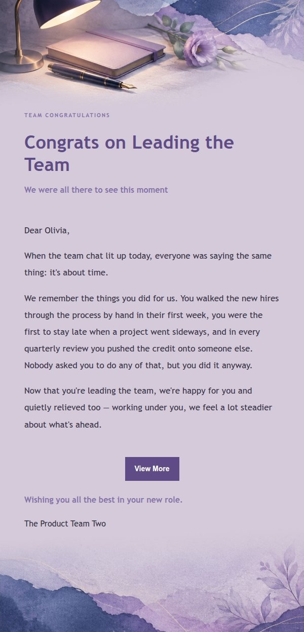 Lilac Ink Promotion Congratulations Email 2