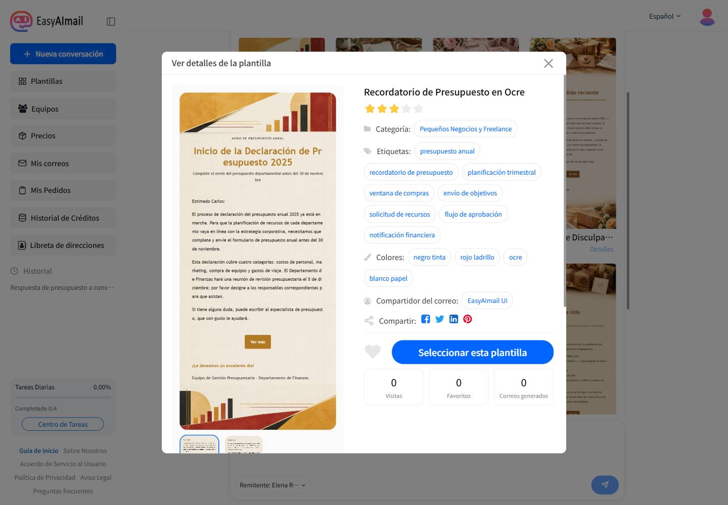 Detalles de la plantilla de presupuesto en la interfaz española de EasyAImail
