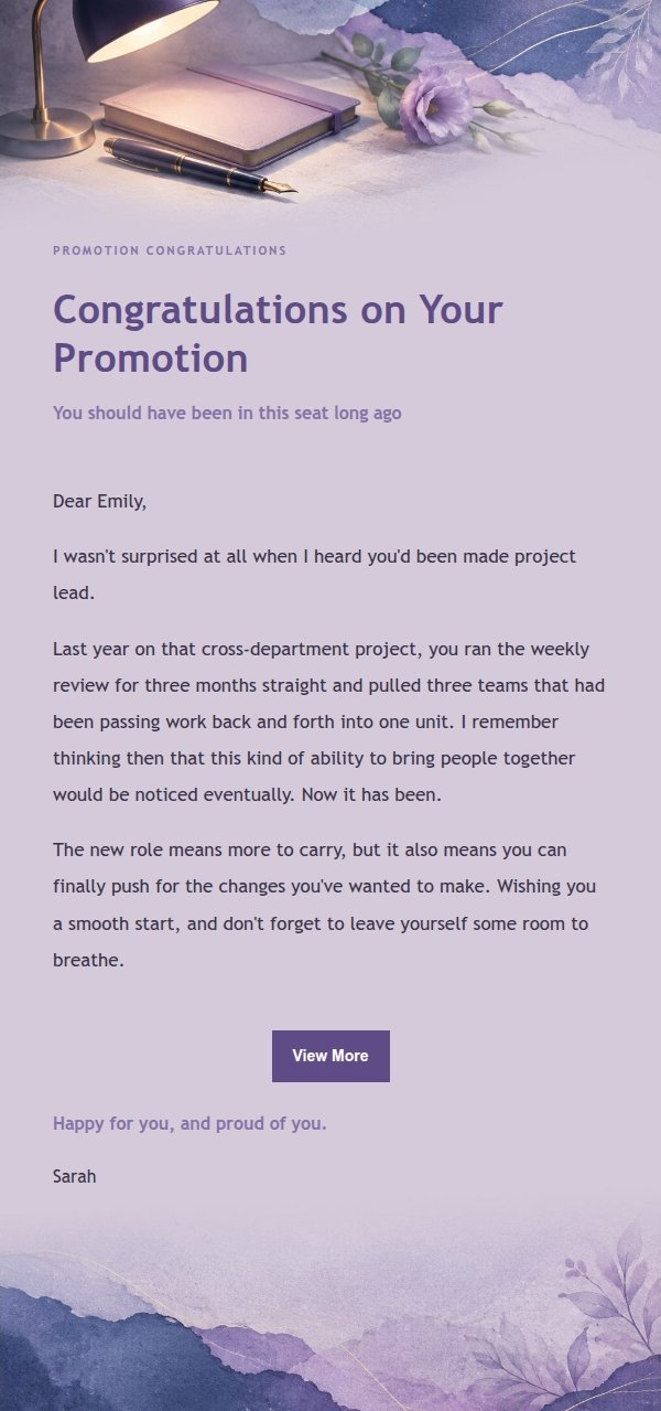 Lilac Ink Promotion Congratulations Email