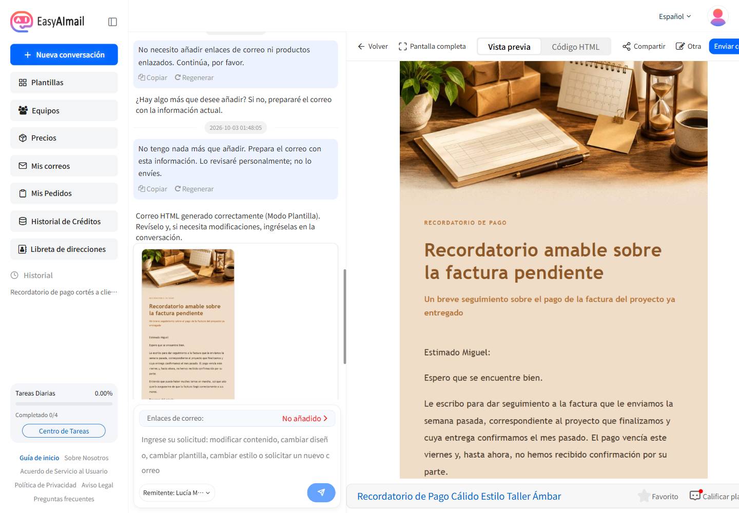 Vista previa del correo de recordatorio de pago en la interfaz española de EasyAImail