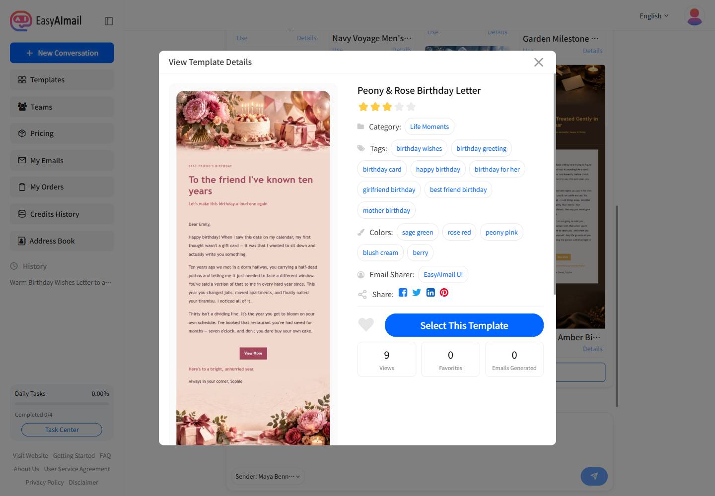 Peony &amp; Rose Birthday Letter template details