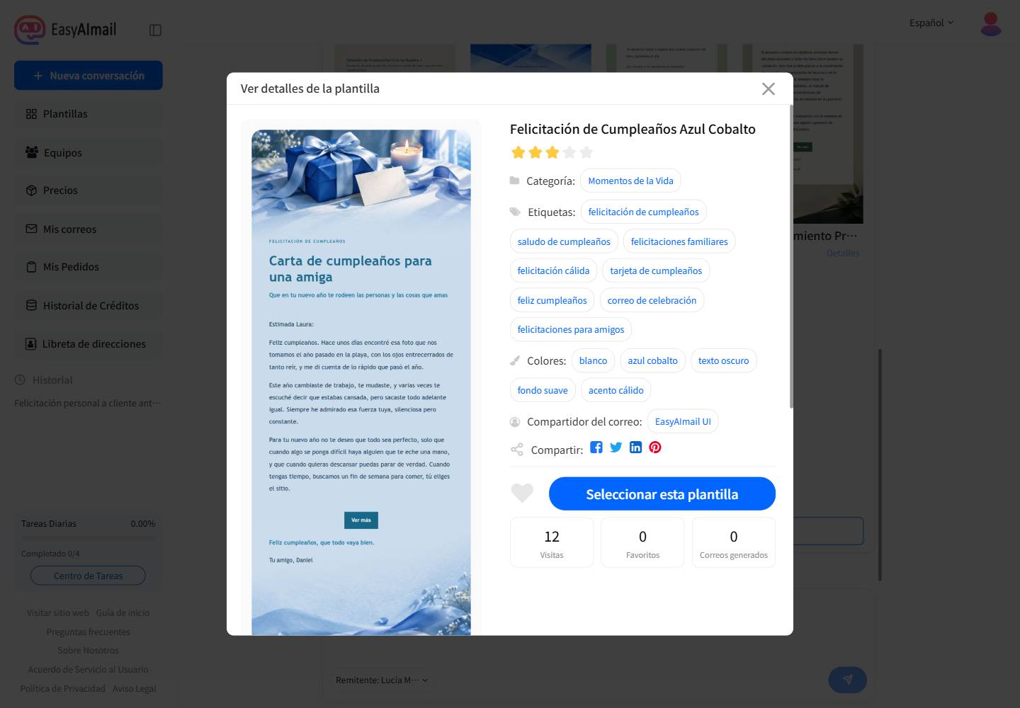 Detalles de la plantilla Felicitación de Cumpleaños Azul Cobalto
