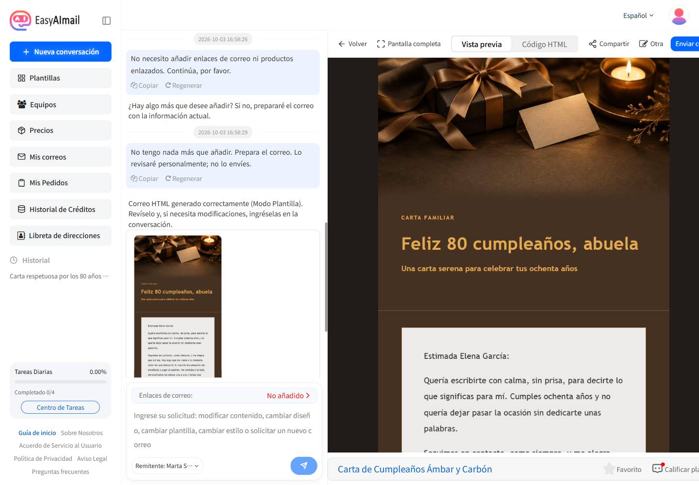 Vista previa final de una felicitación para una persona mayor