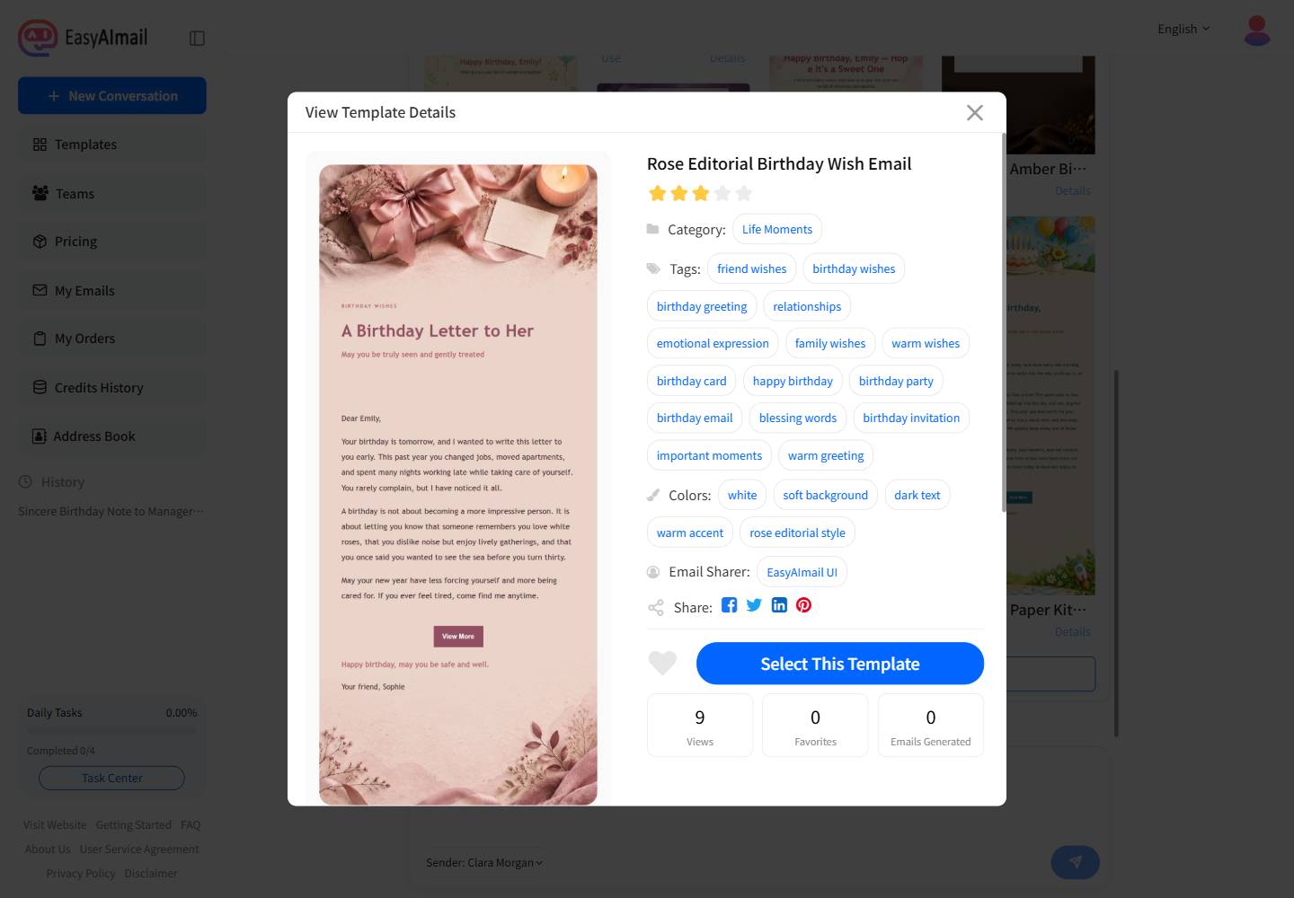 Rose Editorial Birthday Wish Email template details