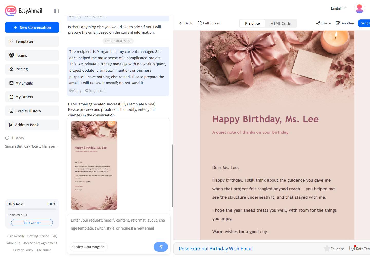 Final preview of a birthday message for a manager