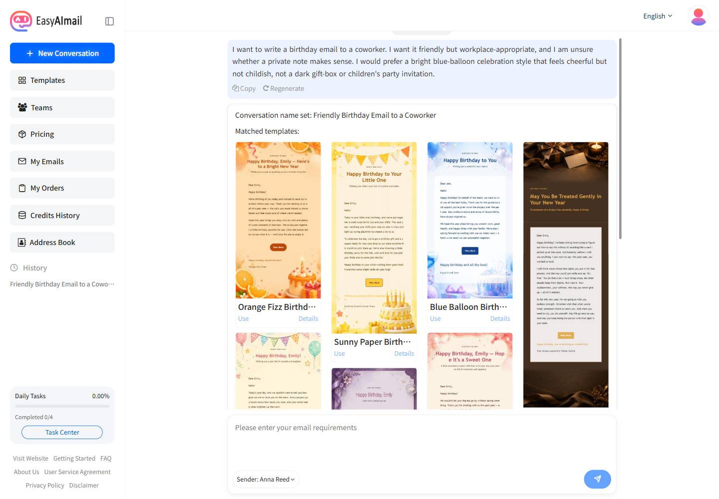 Template recommendations for a coworker birthday email