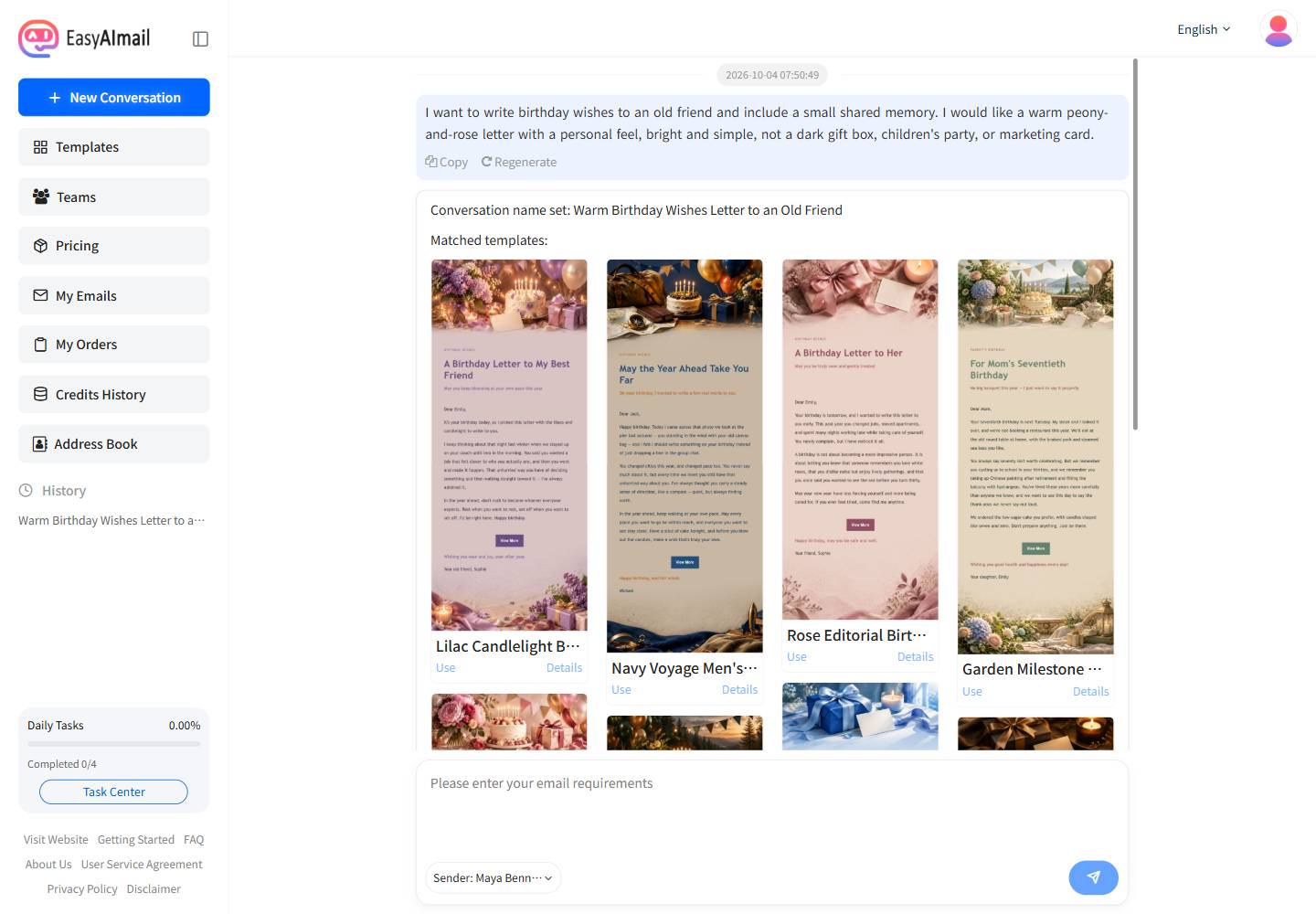Template recommendations for a friend or family birthday