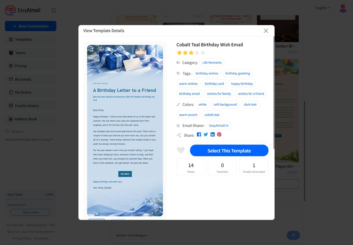 Cobalt Teal Birthday Wish Email template details