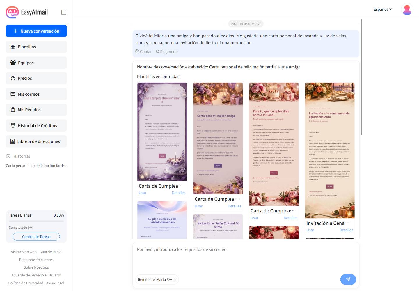 Recomendación de plantilla para una felicitación atrasada