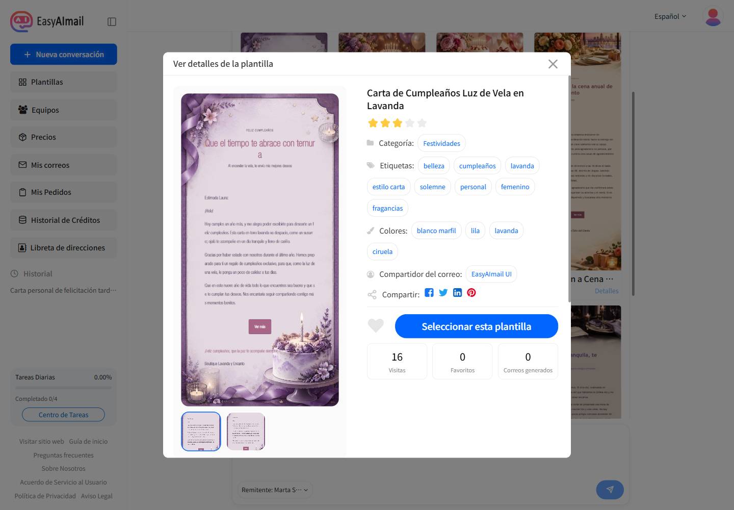 Detalles de la plantilla Carta de Cumpleaños Luz de Vela en Lavanda