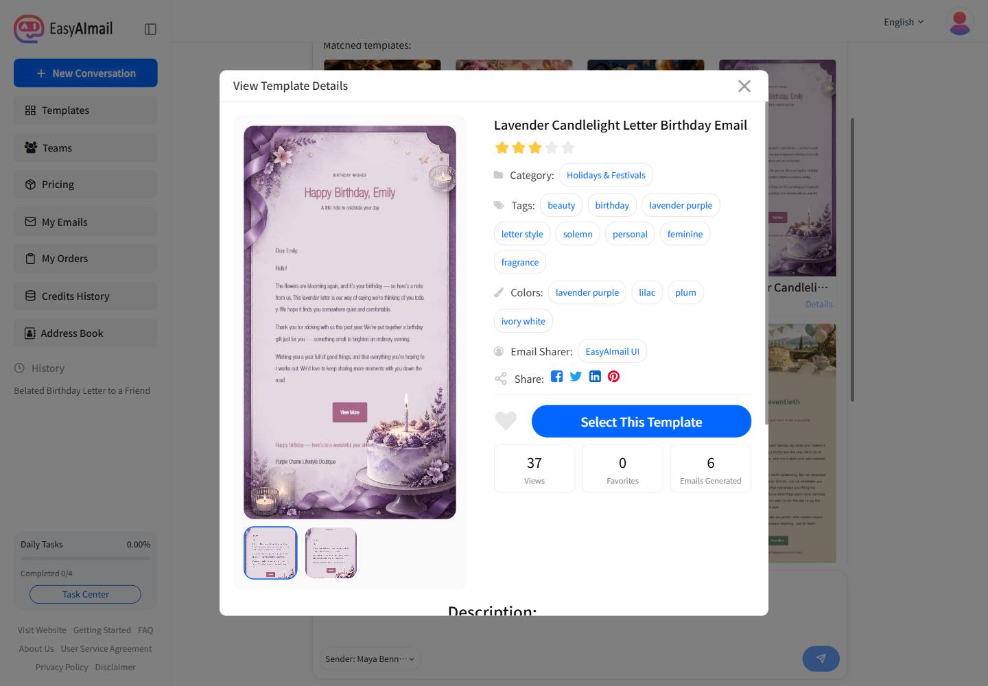 Lavender Candlelight Letter Birthday Email template details