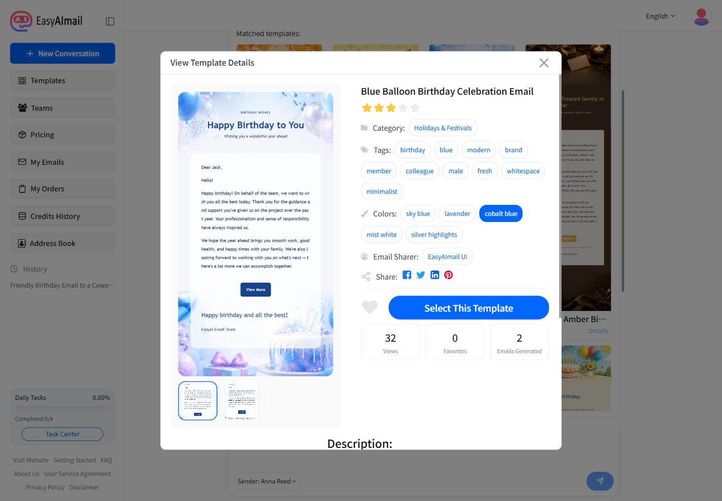 Blue Balloon Birthday Celebration Email template details