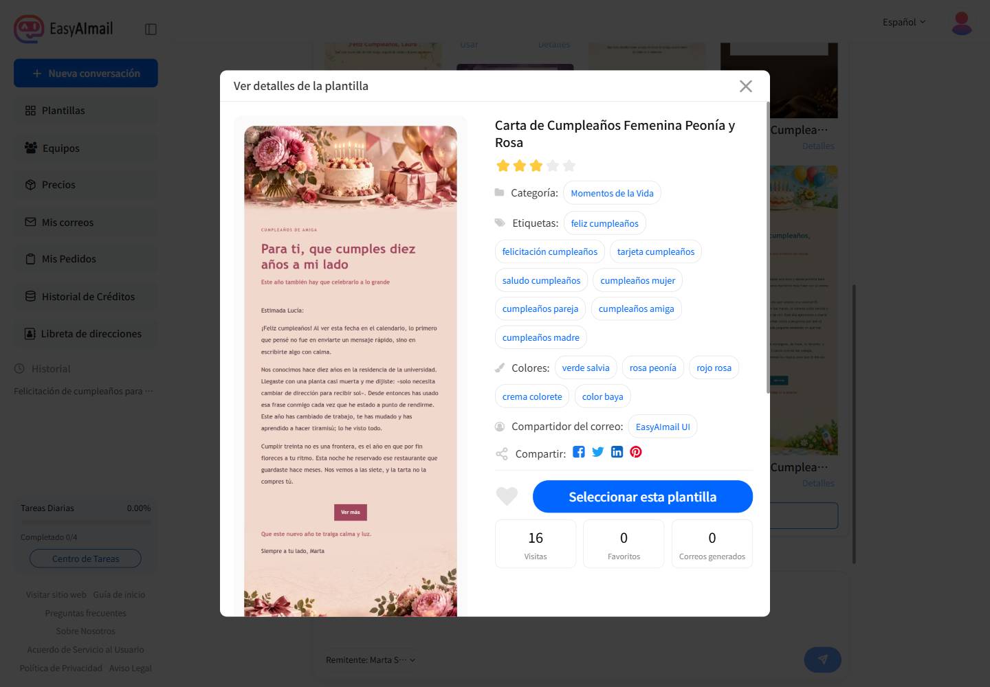 Detalles de la plantilla Carta de Cumpleaños Femenina Peonía y Rosa