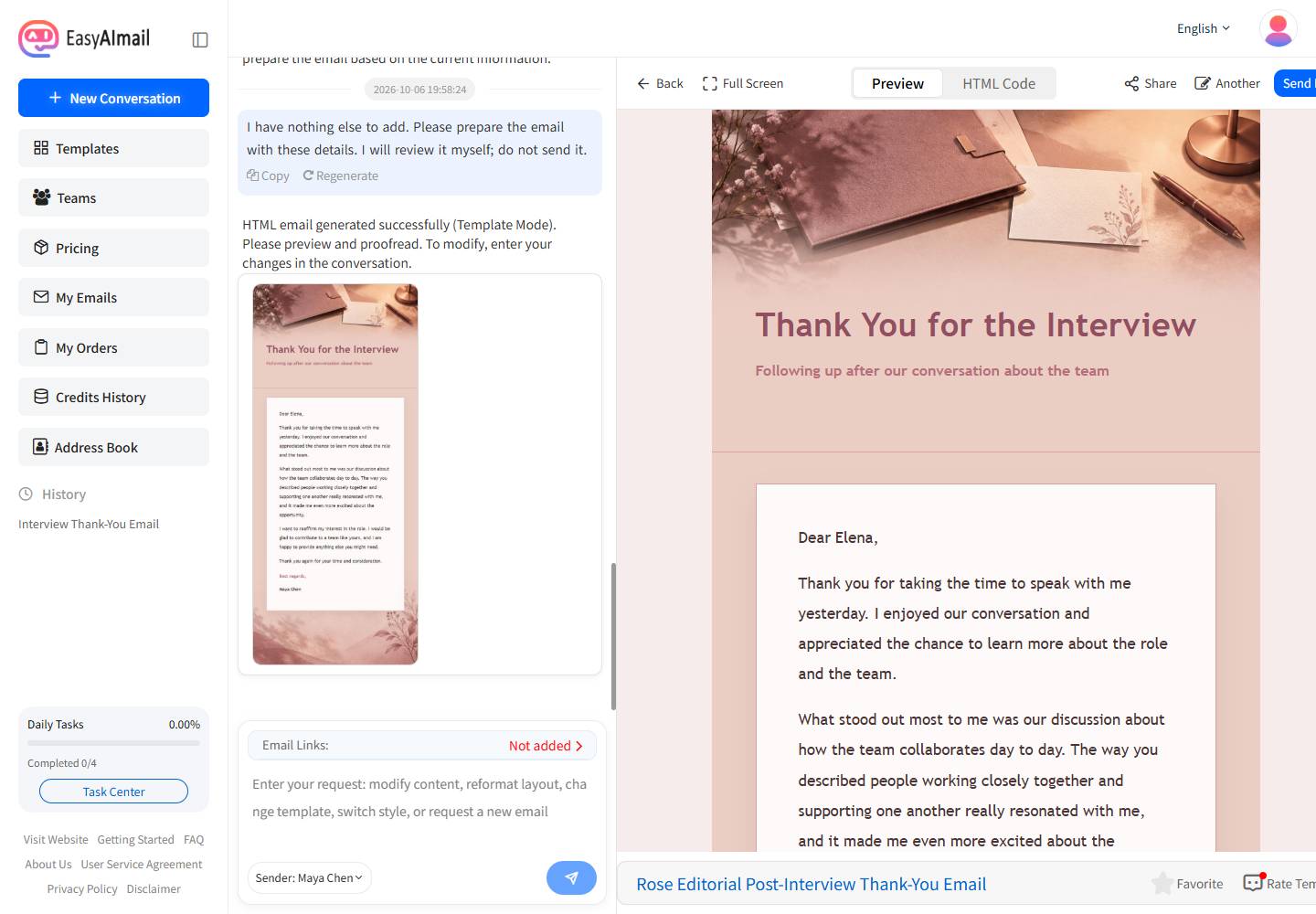 Preview of an interview thank-you email sent the next morning