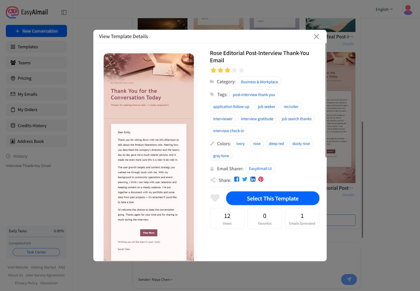 Details for a rose editorial post-interview email template