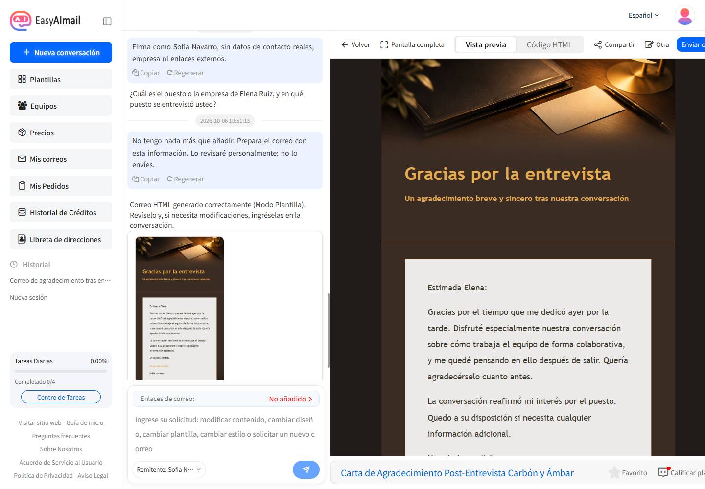 Vista previa de un agradecimiento enviado la mañana después de la entrevista