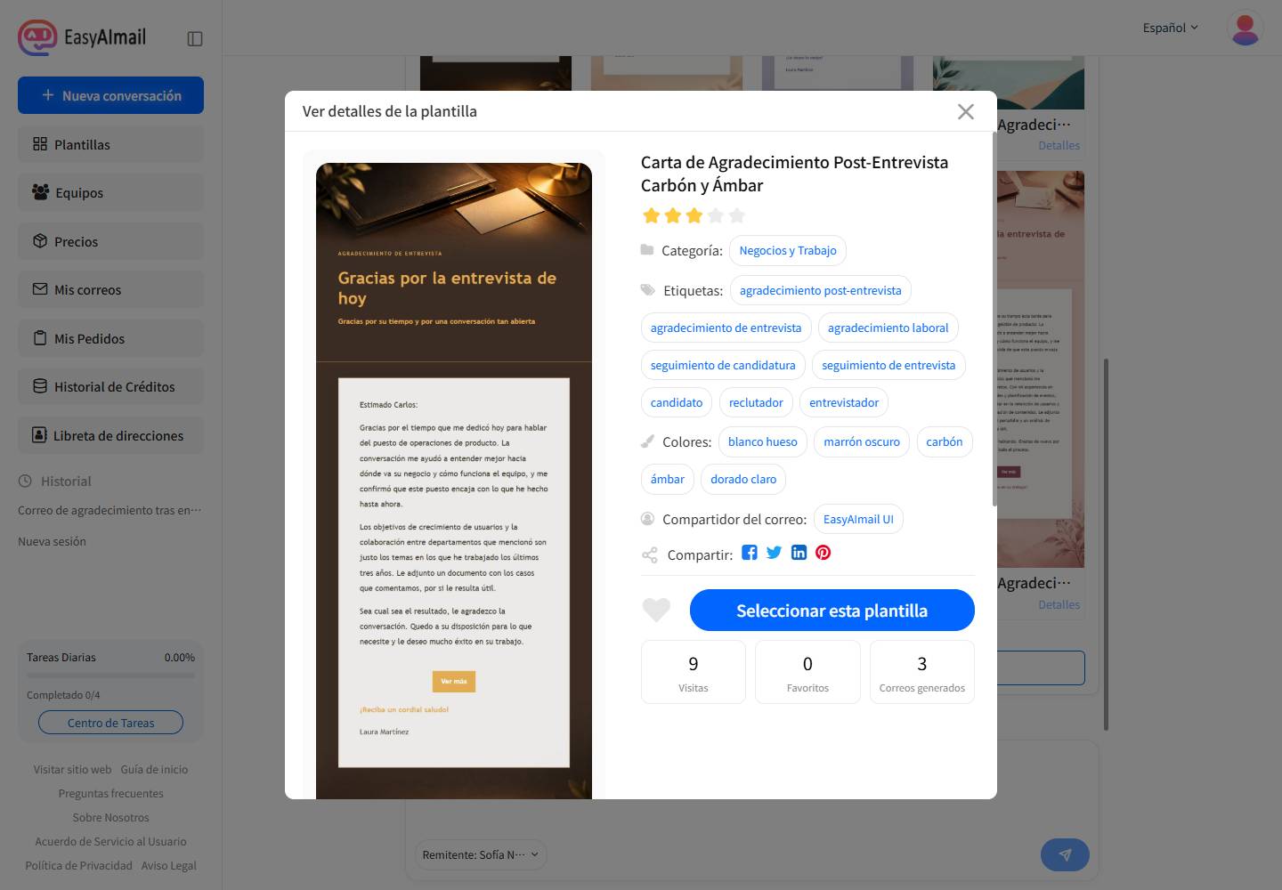 Detalles de la plantilla carbón y ámbar para agradecimiento post-entrevista