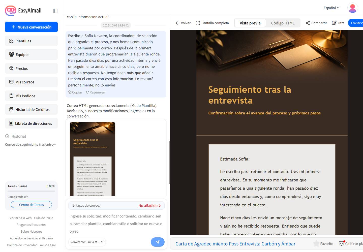 Vista previa de un segundo correo de seguimiento tras entrevista